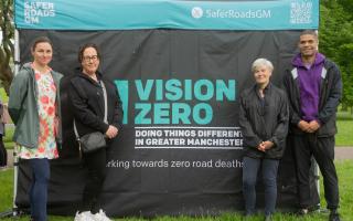 Dame Sarah Storey (far left) and Kate Green (second from right) with Paula Allen and Calvin Buckley, who have lost loved ones as a result of dangerous driving