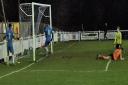 NIC A GOAL: Nic Evangelinos scores against Brighouse. Pictures by Frank Crook