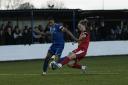 Radcliffe’s Kole Hall in action against Bamber Bridge. Picture: Haydan Roberts