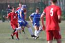 Martyn Jackson and Tom Walker in action during Ramsbottom United's defeat at Lower Breck Picture; Leo Michaelovitz