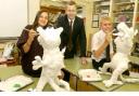 LIFE-SIZE: From left to right are: Sophia Wadood, aged 12, assistant head teacher, David Evans, and Nathan Lawrence, aged 11