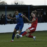 Radcliffe’s Kole Hall in action against Bamber Bridge. Picture: Haydan Roberts