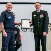 Whitefield firefighter Joe Cegla and Greater Manchester Fire and Rescue Service Chief Fire Officer Dave Russel