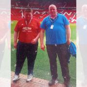 Stephen Platt and his son Lewis at Manchester United's Old Trafford stadium
