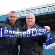 Ramsbottom United boss Steve Wilkes (right) with coach Scott Campbell (left)