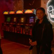 Michelle Keegan during filming for Fool Me Once at the Arcade Club