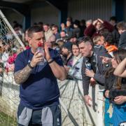 Bury boss Dave McNabb applauds the Shakers fans who travelled in their numbers for the 0-0 derby draw at Ramsbottom United Picture: Phil Hill