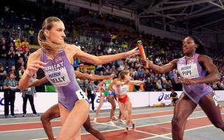 Hannah Kelly in action in the women’s 4x400m relay heats in Glasgow