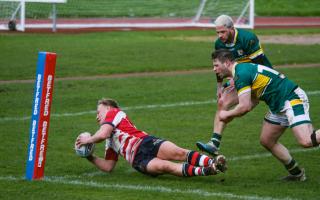 Cian Tyrer dives in for one of his six tries during Oldham RL’s 62-0 victory against Hunslet last weekend