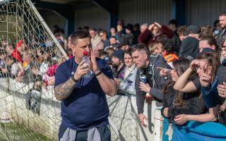 Bury boss Dave McNabb applauds the Shakers fans who travelled in their numbers for the 0-0 derby draw at Ramsbottom United Picture: Phil Hill