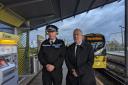 From left; GMP Superintendent Mark Dexter and Greater Manchester Transport Commissioner, Vernon Everitt at a press conference at Central Park Tram stop