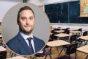 A classroom and Bury South MP Christian Wakeford, inset