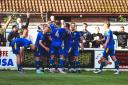 Radcliffe players celebrate their late winner against Worksop Picture Barkley Costello