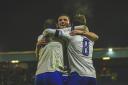 Bury celebrate Benito Lowe's winner against Squires Gates Picture: Jake Horrocks