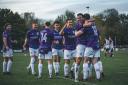 Bury players celebrate during their win at West Didsbury and Chorlton Picture: Jake Horrocks