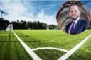 A sports pitch and Bury North MP James Daly, inset