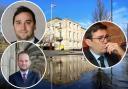 Bury MPs Christian Wakeford (top left) and James Daly (bottom left) clash with Andy Burnham after he said it would be 'impossible' to lift lockdown measures in one borough. All pictures in front of Bury Town Hall