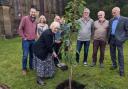 Rev Sue Wood planting the first of four cherry trees with the Wardens from the Team Churches, L-R Martin Hall, Helen Rubingh, Lesley Steer (Trainee Minister) David Foster, Neil Ashmall, Robert Ruston, Rev Ian Rogerson