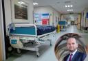 Hospital beds and Bury North MP James Daly, inset