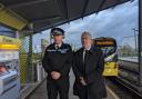 From left; GMP Superintendent Mark Dexter and Greater Manchester Transport Commissioner, Vernon Everitt at a press conference at Central Park Tram stop