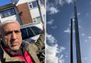 Cllr Tahir Rafiq with the proposal notice (left) and an IX Wireless mast which has been installed in nearby Bolton, right