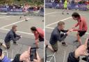 A loved-up runner proposed to his stunned longtime girlfriend just before they both completed a marathon together in personal best times