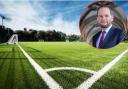 A sports pitch and Bury North MP James Daly, inset