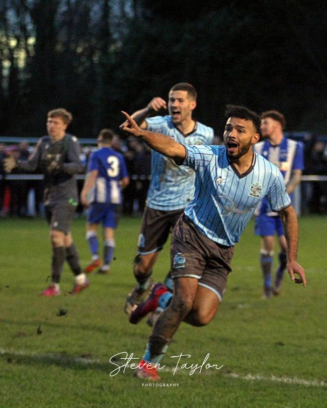 SUPER MAC: Substitute Liam MacDevitt celebrates after scoring Bury AFC’s opener in Monday’s impressive 2-0 win at Daisy Hill Picture: Steven Taylor