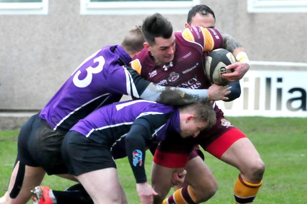 BRACE: Sedgley Park’s Jamie Harrison (with ball) scored two tries at the weekend against Hull Ionians