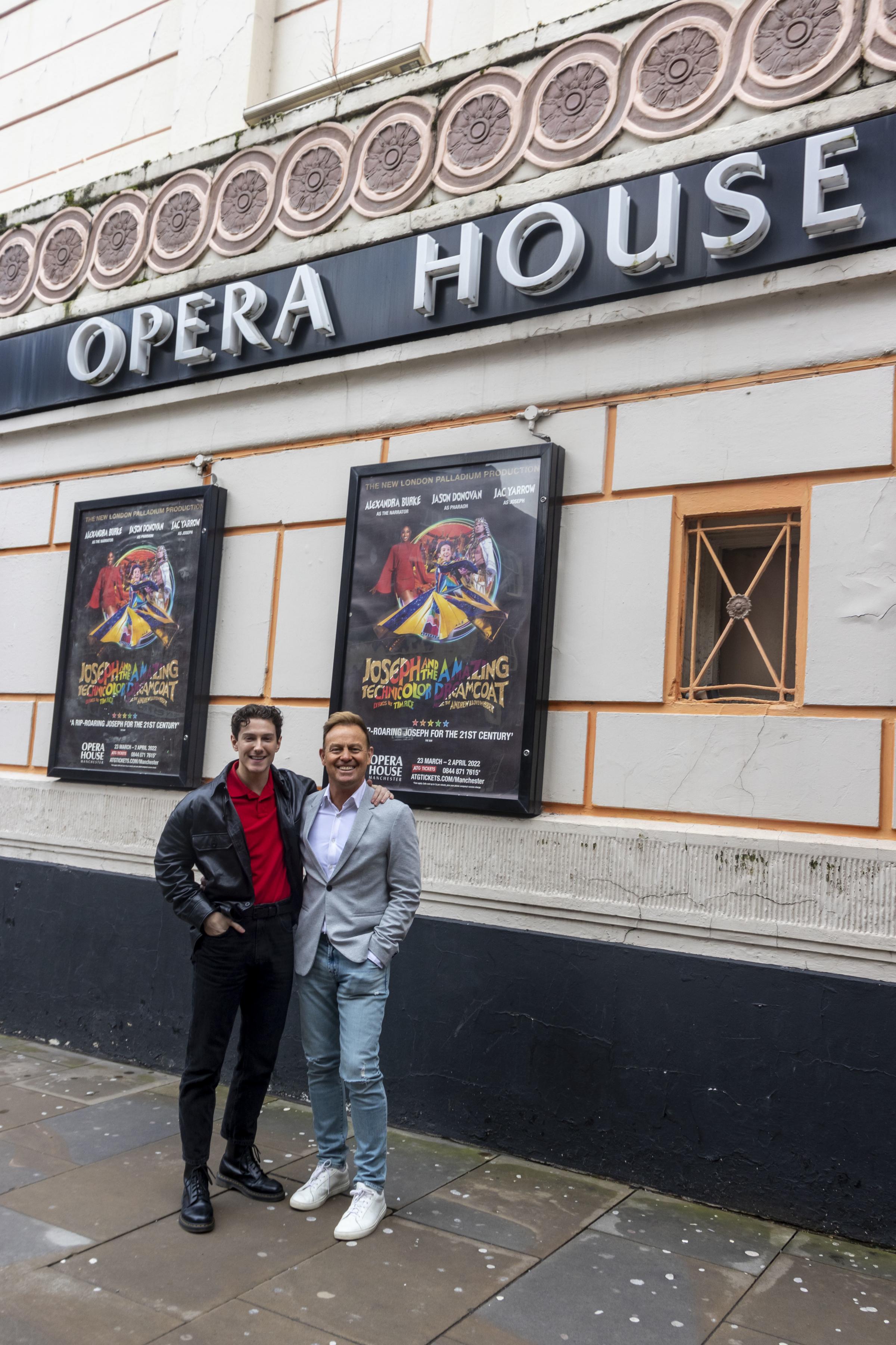 Jac Yarrow and Jason Donovan outside Manchester Opera House
