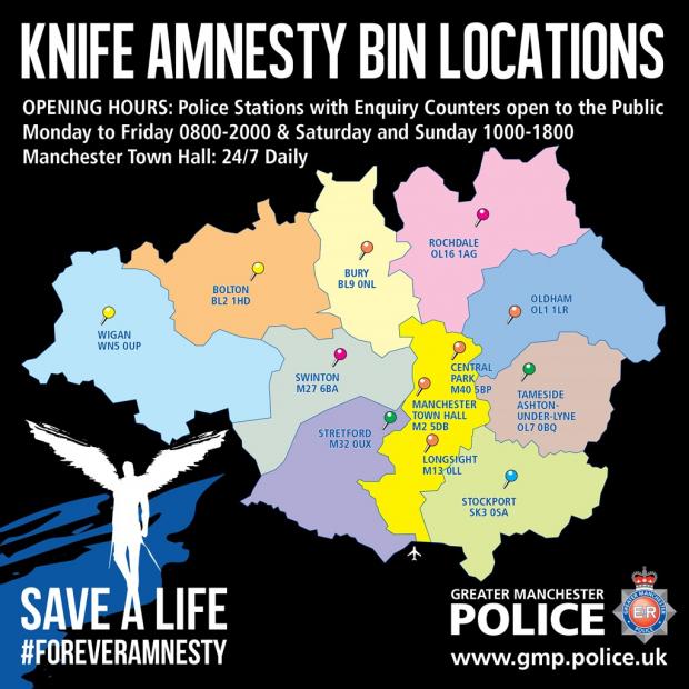 Bury Times: A map showing Forever Amnesty locations across Greater Manchester. Credit: GMP