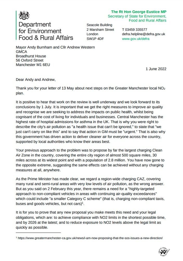 The letter from Secretary of State George Eustace to Greater Manchester mayor Andy Burnham about the Clean Air Zone