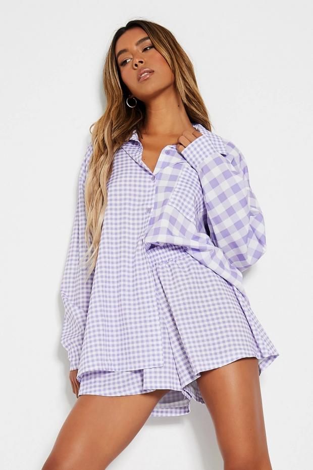 Bury Times: Lilac Contrast Gingham Pocket Front Boyfriend Shirt Co-ord (I Saw It First)