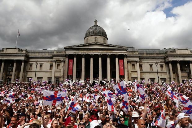 Bury Times: England fans during a fan celebration to commemorate England's historic UEFA Women's EURO 2022 triumph in Trafalgar Square. Credit: PA