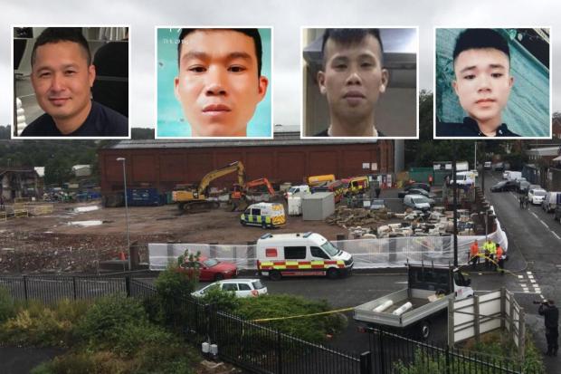 Emergency services at the Bower Street site, with inset, pictures of the four missing Vietnamese men