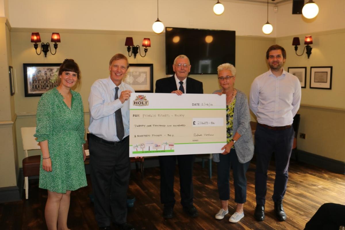 From left; Jane Kershaw, Richard Kershaw, of the Joseph Holt brewery, Julia Rowlands, chair of Porch Boxes, Michael Perrin, treasurer of Porch Boxes and Andrew Kershaw of the brewery