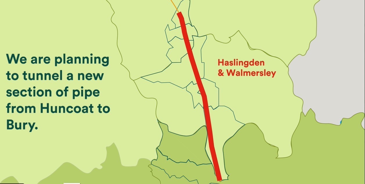 A map showing the Huncoat to Walmersley section of the water pipeline