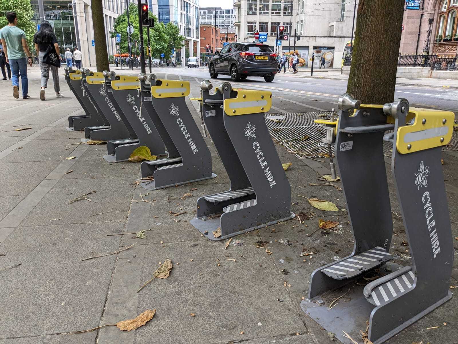A Bee Bike stand by Central Library, Manchester (Picture: LDRS)