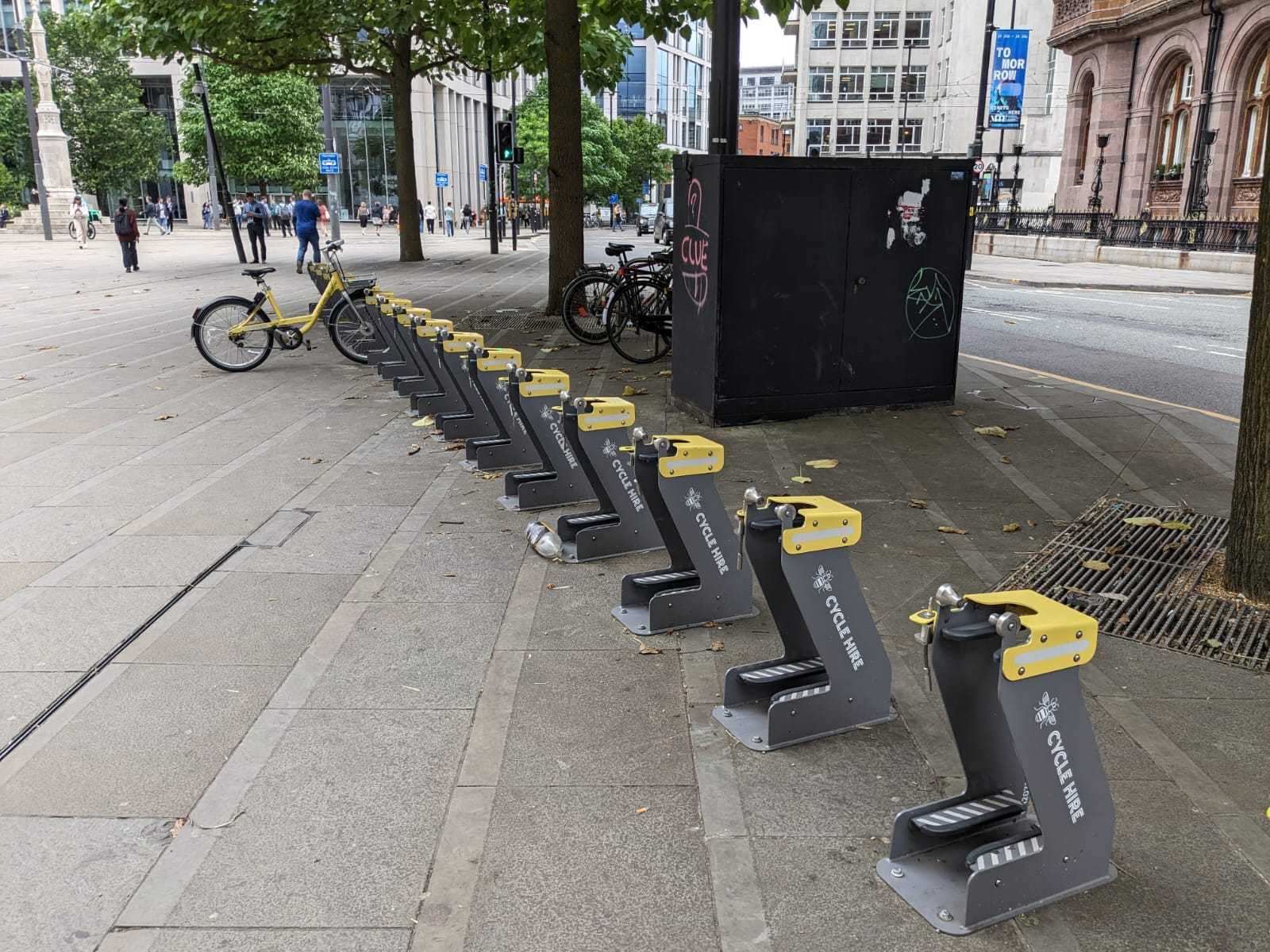 A Bee Bike stand by Central Library in Manchester in June (Picture: LDRS)
