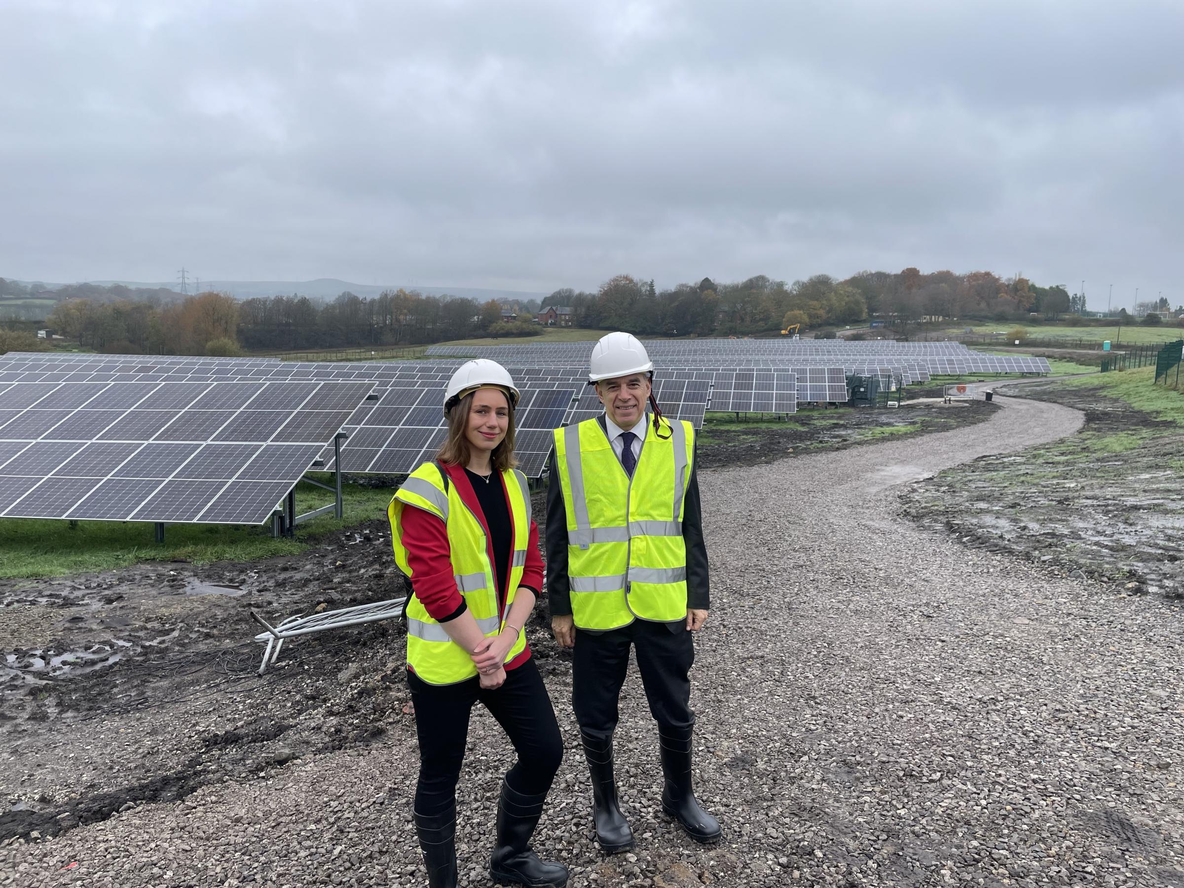 Elsie Blundell and Labour shadow minister Jeff Smith at the soon to be operational Chamber House solar farm in Heywood
