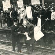 Protestors on the line at Summerseat station, 1967