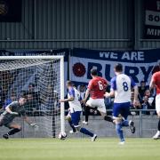 Tom Greaves scores for Bury AFC against FC United. Picture: Andy Whitehead