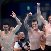 Great Britain's James Guy, Matthew Richards and Tom Dean celebrate gold in the Men's 4x200 freestyle relay at Tokyo Aquatics Centre on the fifth day of the Tokyo 2020 Olympic Games in Japan. Picture date: Wednesday July 28, 2021..