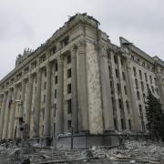 DAMAGED: The shelled city hall in Kharkiv on Tuesday