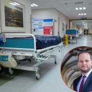 Hospital beds and Bury North MP James Daly, inset