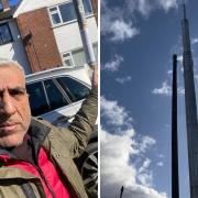 Cllr Tahir Rafiq with the proposal notice (left) and an IX Wireless mast which has been installed in nearby Bolton, right