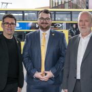 Greater Manchester mayor Andy Burnham with Bury Council leader, Cllr Eamonn O'Brien, and Greater Manchester Transport Commissioner Vernon Everitt