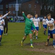 Shakers captain Tom Moore leads the post match celebrations following Saturday’s 2-1 win against Lower Breck Picture: Phil Hill