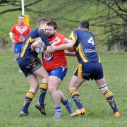Bury Broncos A v Westhoughton Lions..Bury in Orange Kit, Westhoughton in blue..Saturday March 19 2016..Images by Steve Holt,.Chris Lynch with the ball..