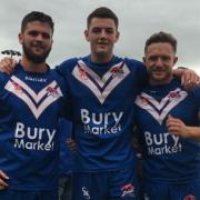 Bury Broncos players, from left, Will Spencer, Liam Sixsmith and Warren Bluer after their 46-6 win at Leigh East A